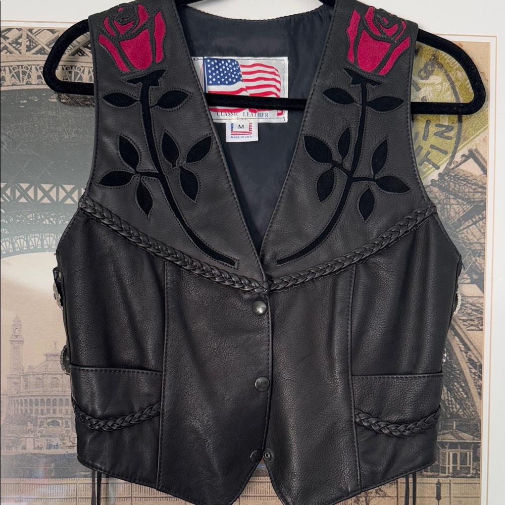 Biker (Harley) Black Leather Vest with Red Rose Embroidery